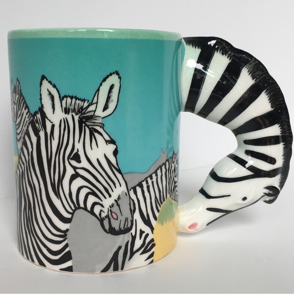 Zebra Mug Neck Handle Black White Green Ceramic Vintage 1988 Five and Dime Cup - Picture 1 of 15